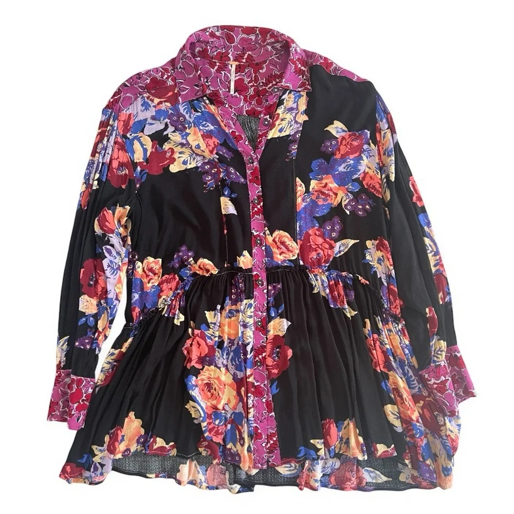 Free People Colorful Floral Long Sleeve Button-Up Dress or Oversized Blouse - Picture 2 of 8